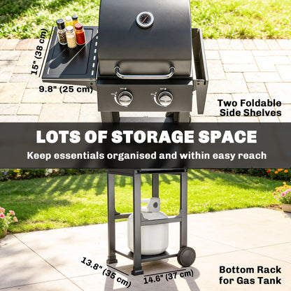 2 Burner Propane Gas Grill with Wheels, 18,400 BTU Portable BBQ Grill with Foldable Side Shelves, Warming Rack, Black
