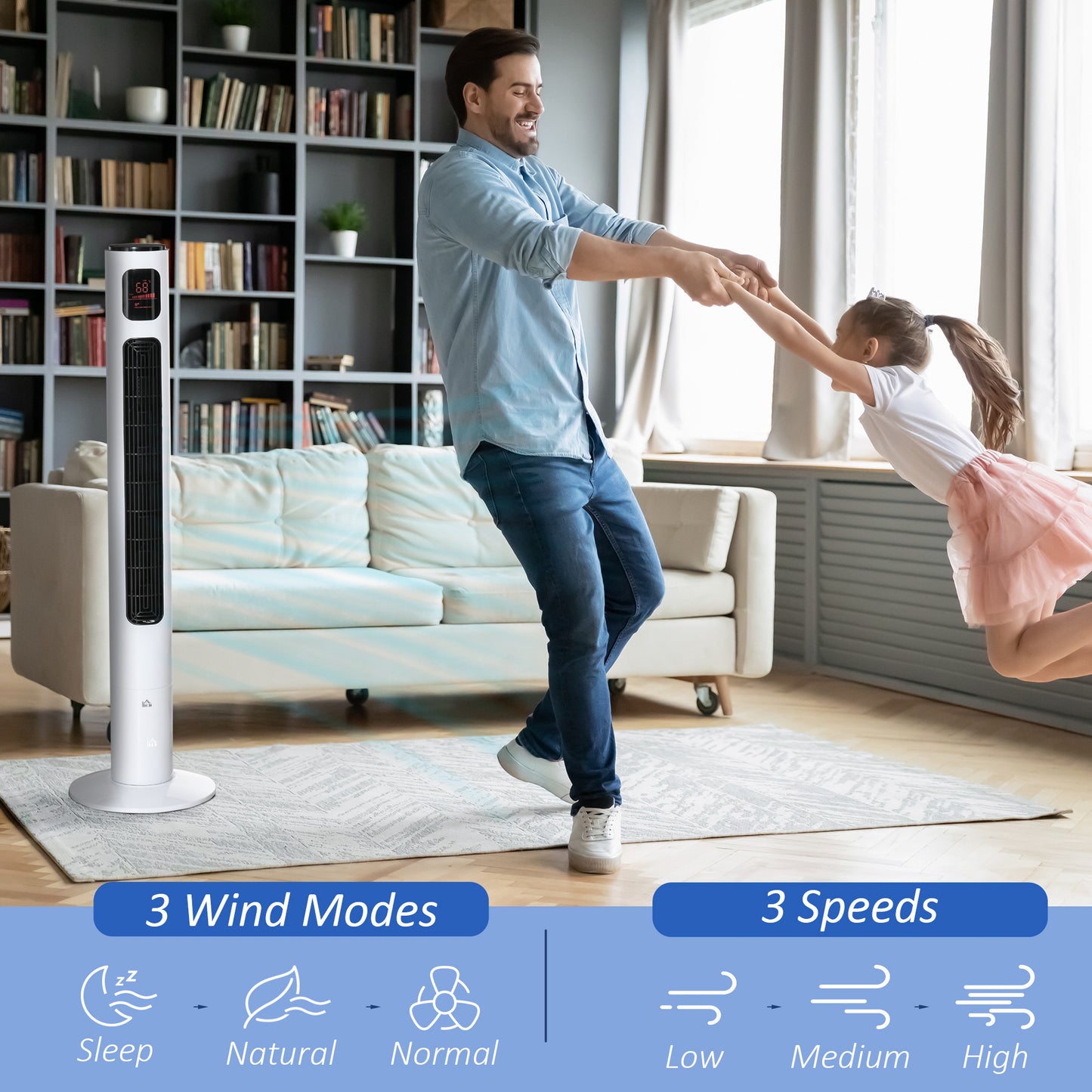 Freestanding Tower Fan Cooling for Home Bedroom with Oscillating, 3 Speed, 12h Timer, LED Sensor Panel, Remote Controlle
