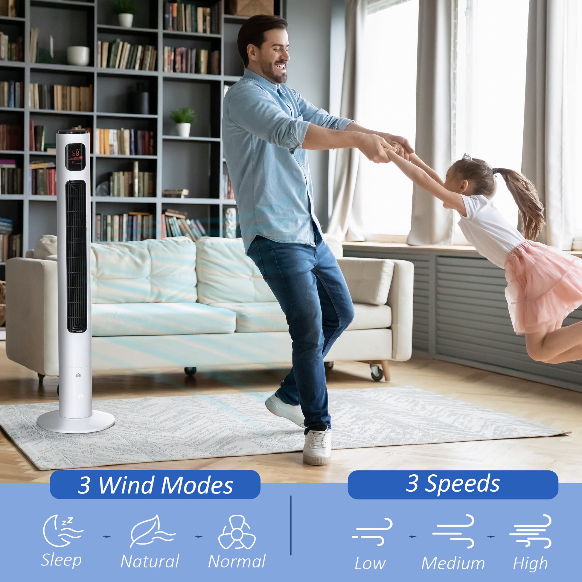 Freestanding Tower Fan Cooling for Home Bedroom with Oscillating, 3 Speed, 12h Timer, LED Sensor Panel, Remote Controlle