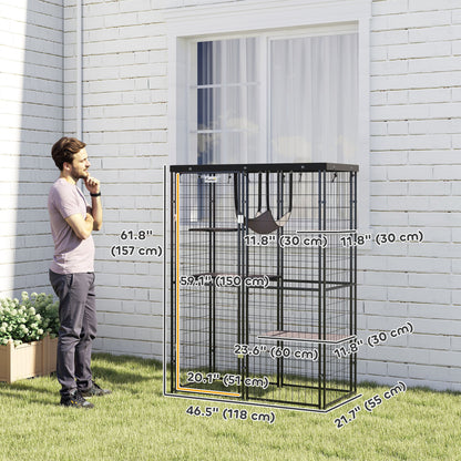 Metal Cat Cage with Waterproof Cover, 4 Platforms, Hammock, Washable Cushions for 1-3 Kittens, 46.5" x 22" x 62", Black