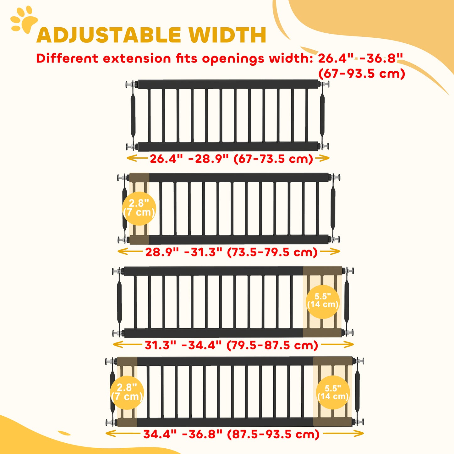 26"-37" Dog Gate, Adjustable Pet Gate, Fits 10" Tall with 2 Extension, Pressure Mount Kit for Stairs and Doorways, Black