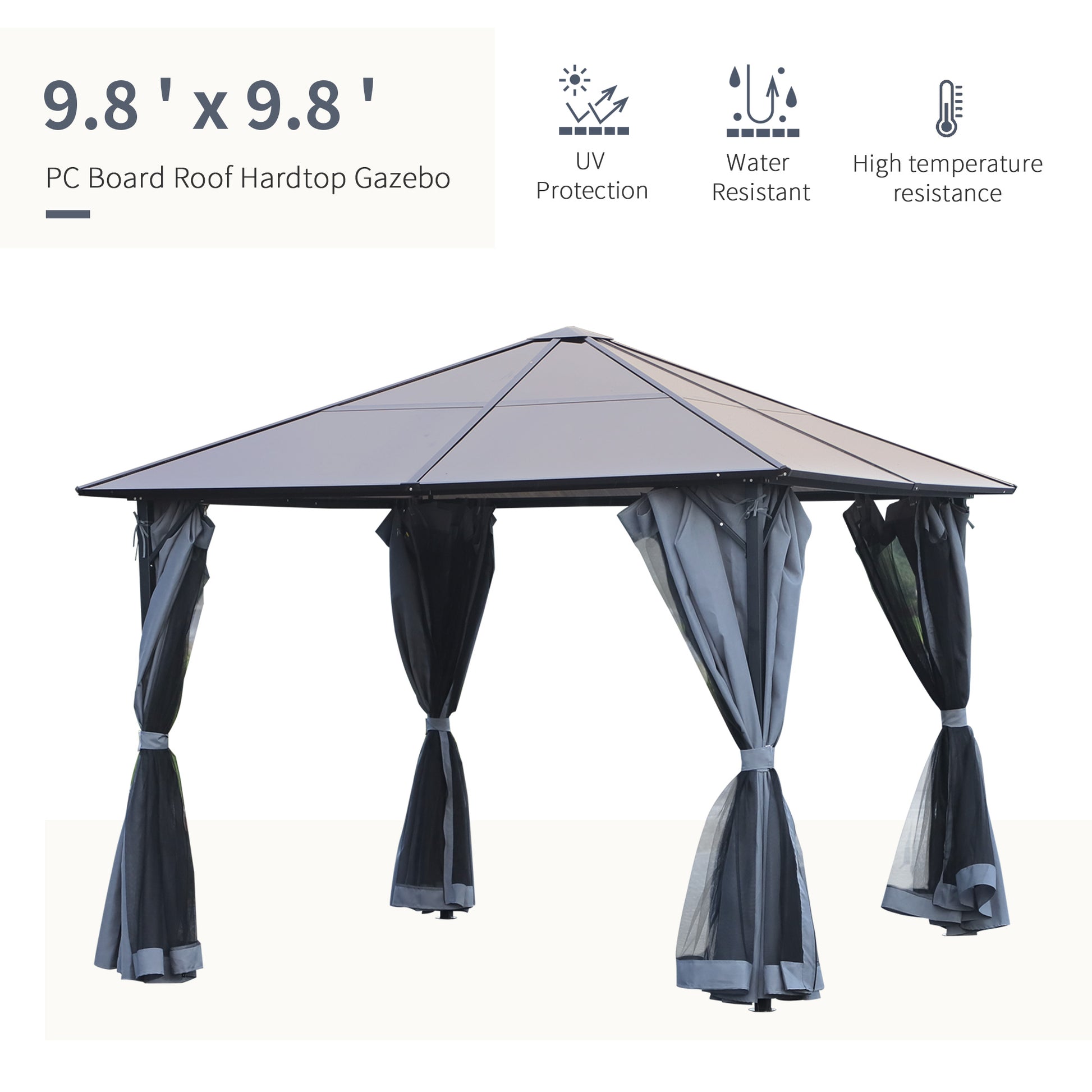9.8' x 9.8' Garden Aluminium Gazebo Hardtop Roof Canopy Marquee Party Tent Patio Outdoor Shelter with Mesh Curtains & Si