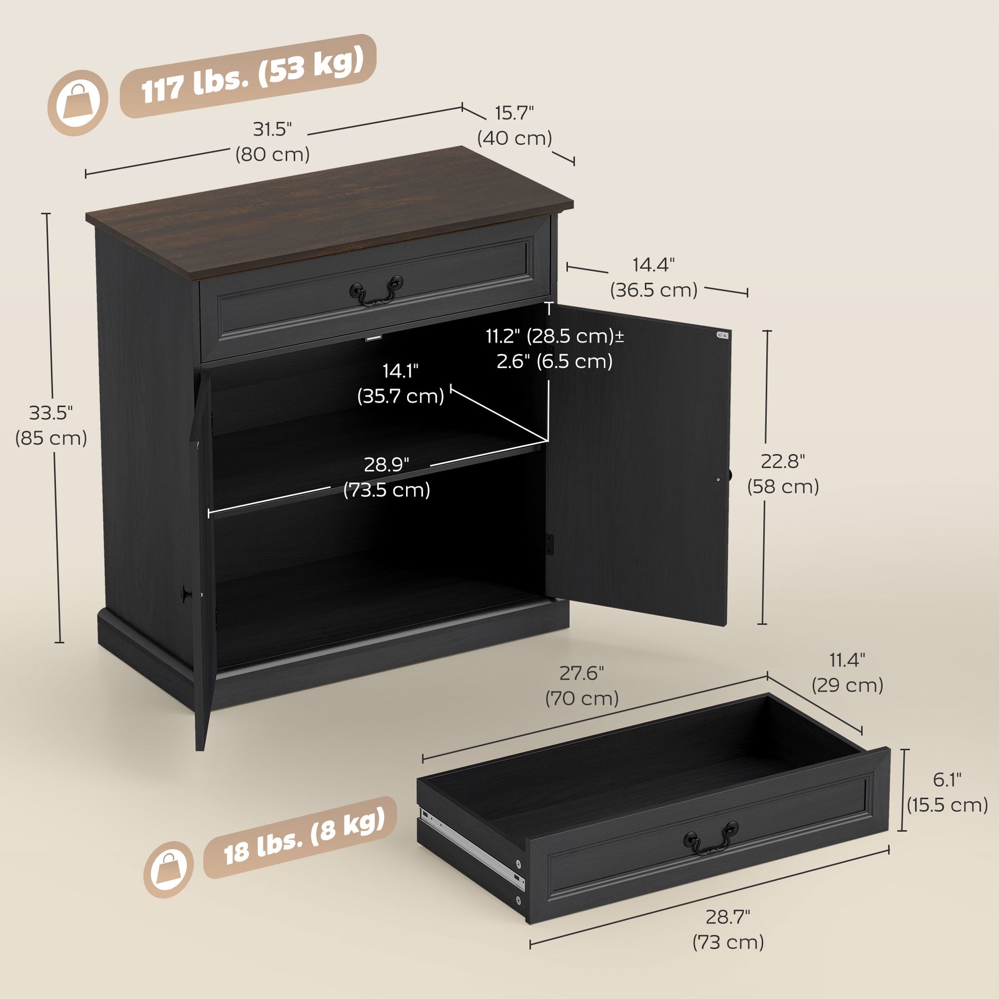 Buffet Cabinet, 32" Farmhouse Sideboard with Thick Top, Quiet Drawer and Adjustable Shelf, Black Wood Grain