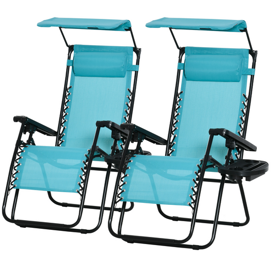2 Piece Foldable Lounge Chair with Canopy Shade, Outdoor Zero Gravity Chair w/ Side Tray & Cup Holder, Reclining Lounger