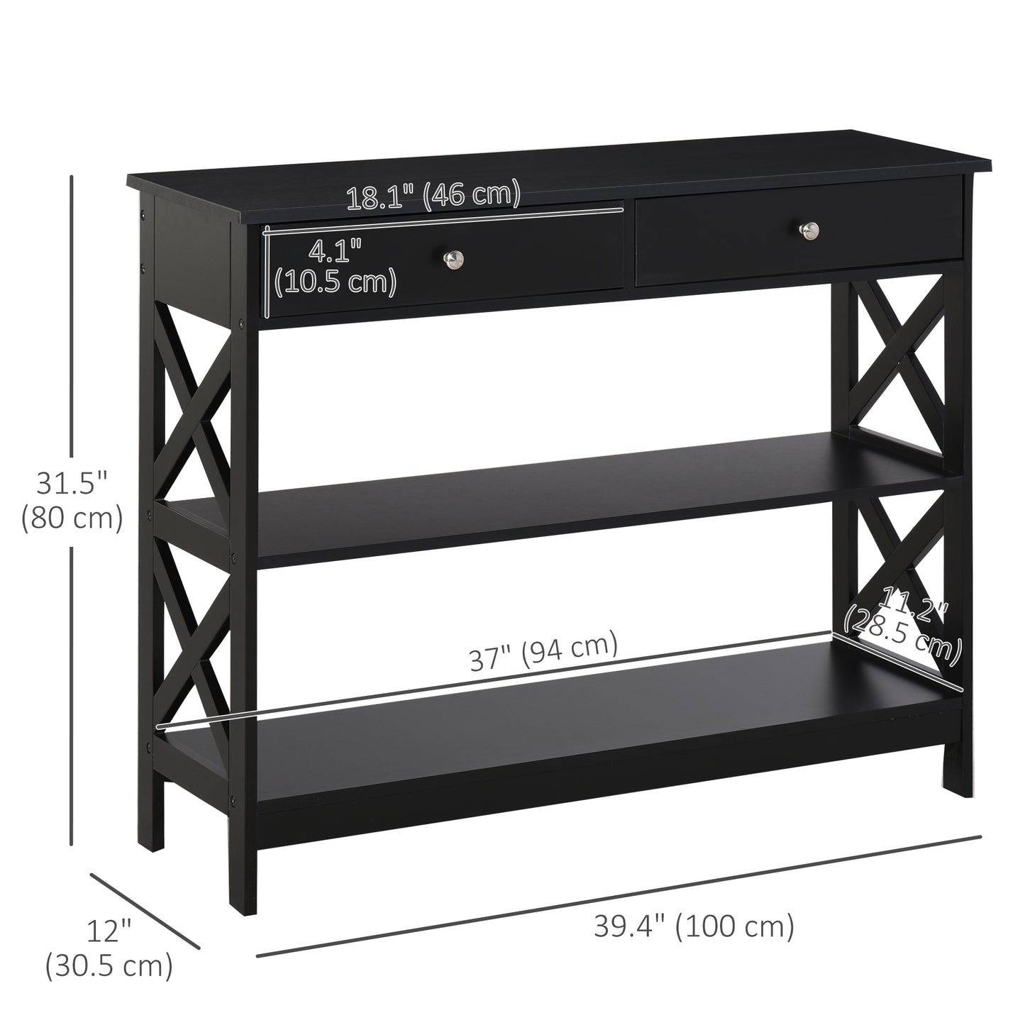 39" Console Table, Narrow Entryway Table with Storage Shelves, Drawers and X Frame for Behind Couch, Living Room, Hallwa
