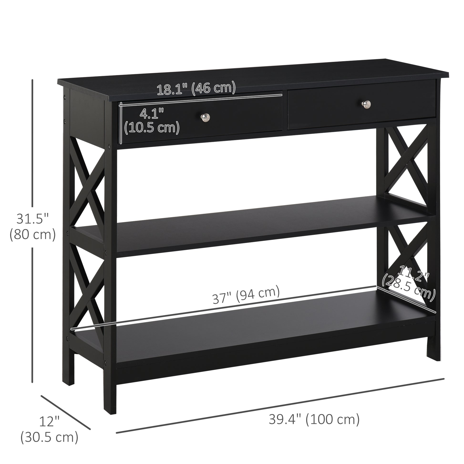 39" Console Table, Narrow Entryway Table with Storage Shelves, Drawers and X Frame for Behind Couch, Living Room, Hallwa