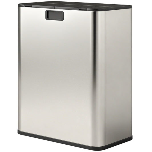 Dual Trash Can with Soft-Close Lid, Garbage Can with Removable Inner Bucket for Kitchen 2 x 7.4 Gal (2 x 28 L), Silver