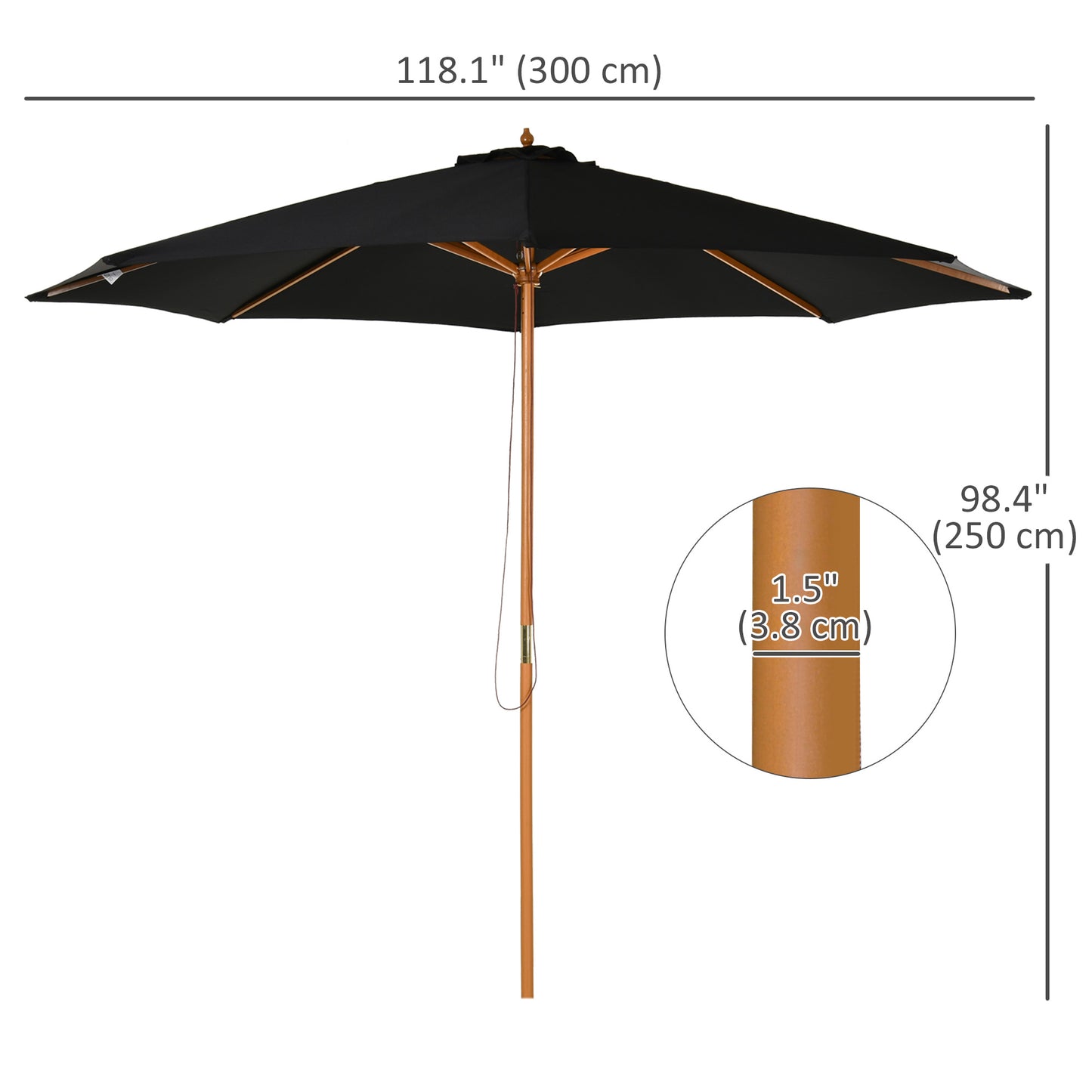 10' x 8' Wooden Patio Umbrella, Garden Parasol, Outdoor Sunshade Canopy with Bamboo Rib for Outdoor, Black