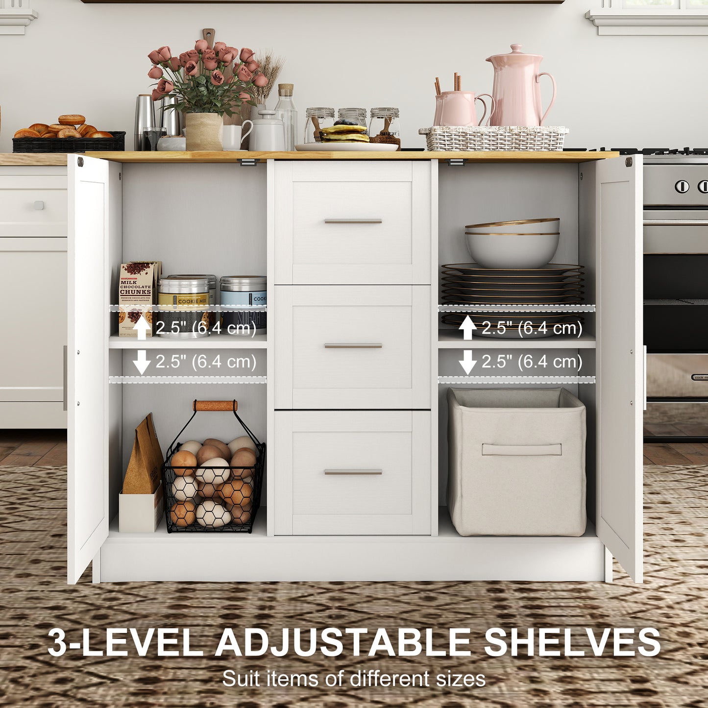 Kitchen Island with Storage Cabinets, 3 Drawers, 2 Adjustable Shelves and Sitting Space for Dining Room, White
