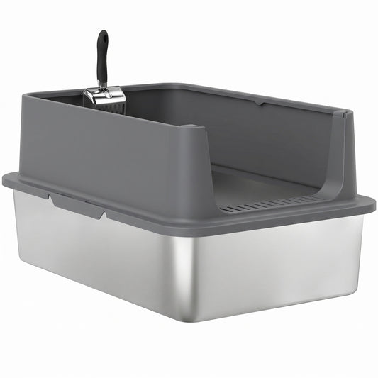 XL Stainless Steel Cat Litter Box for Big and Multiple Cats with High Wall Side, Scoop, Easy Cleaning & Odor Free