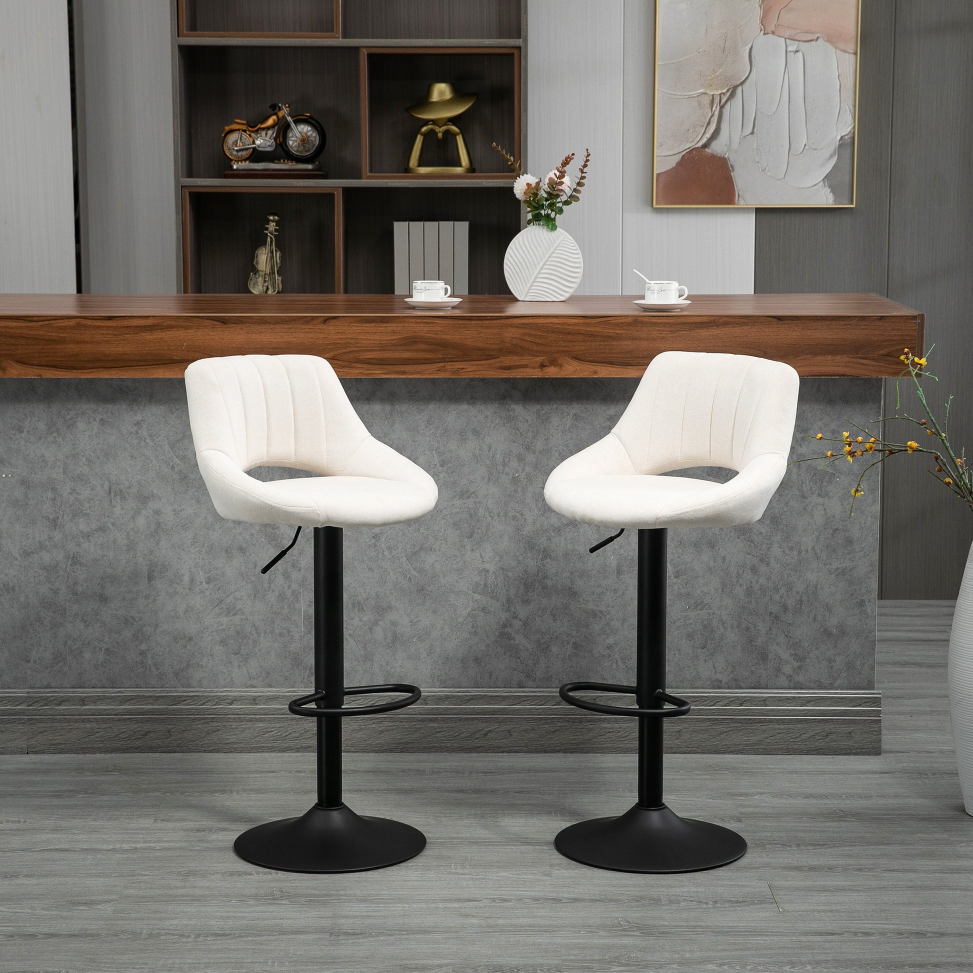 Bar Stools Set of 2, Swivel Counter Height Barstools with Adjustable Height, Linen Upholstered Bar Chairs with Round Met