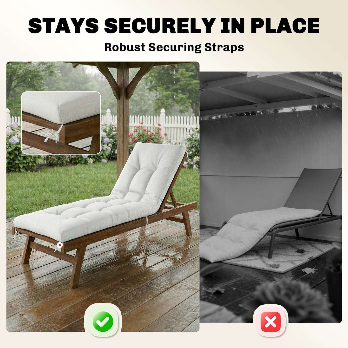 Patio Lounge Chair Cushion, UV50+ Chaise Lounge Chair Cushion with Securing Straps for Patio, 78 x 25.6 inch, Cream Whit