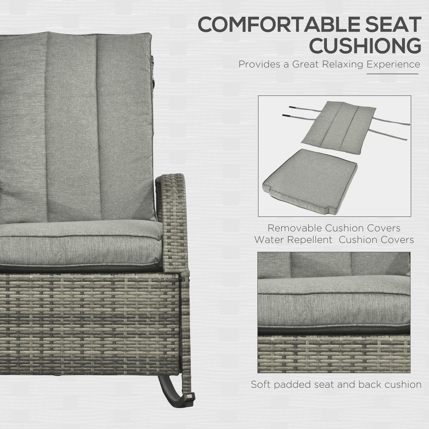 Outdoor Wicker Rocking Chair with Cushion, Patio PE Rattan Recliner Chair with Adjustable Footrest, Armrests, Mixed Grey