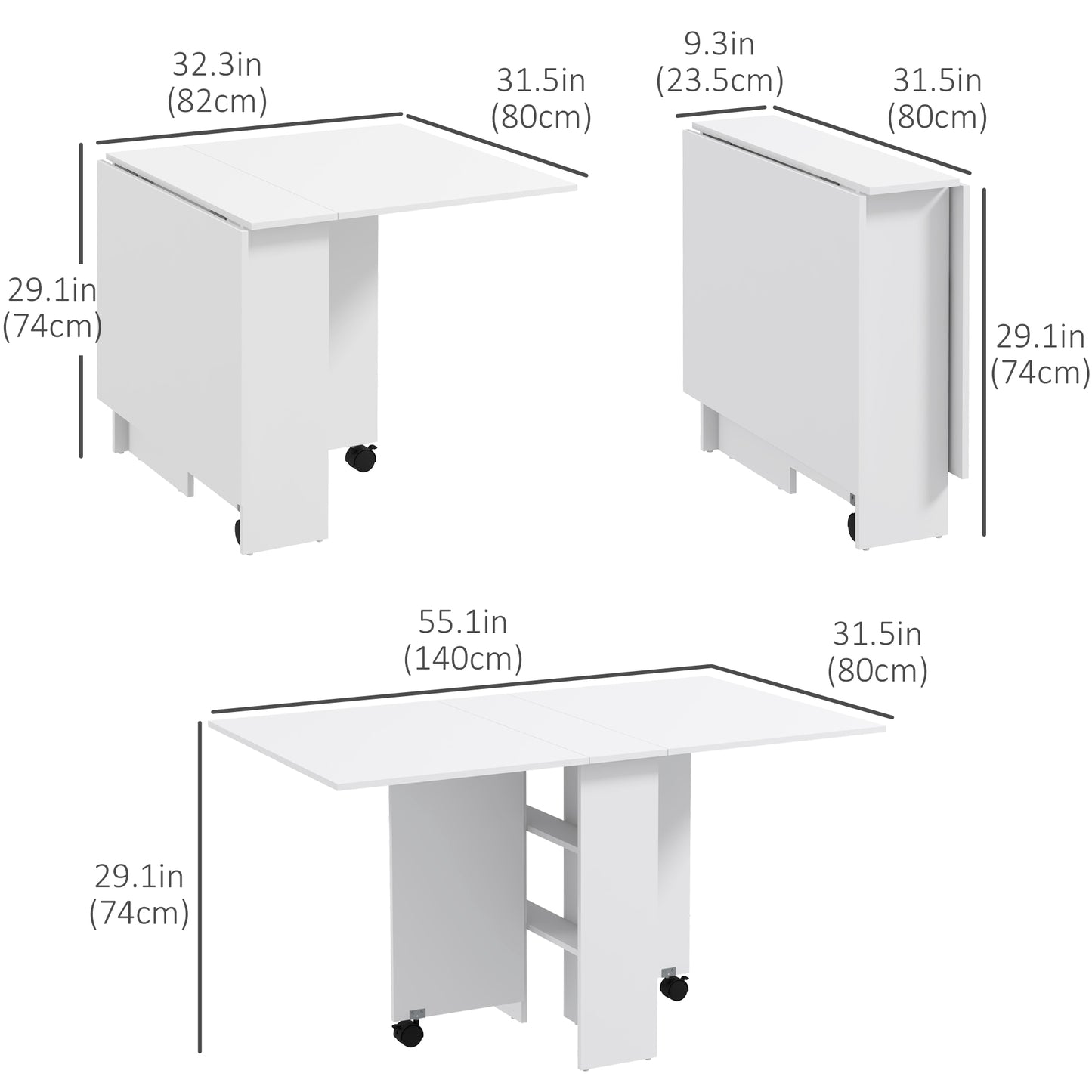 Folding Dining Table, 55" Drop Leaf Table for Small Spaces, Foldable Table with Storage Shelves for Kitchen, Dining Room