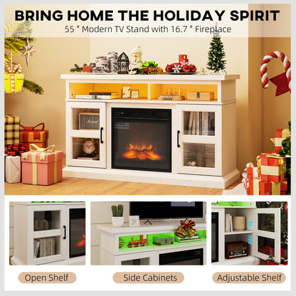 48" Fireplace TV Stand for TVs Up to 55 Inches, Media Entertainment Center with 3D Flame, Adjustable Shelves, White