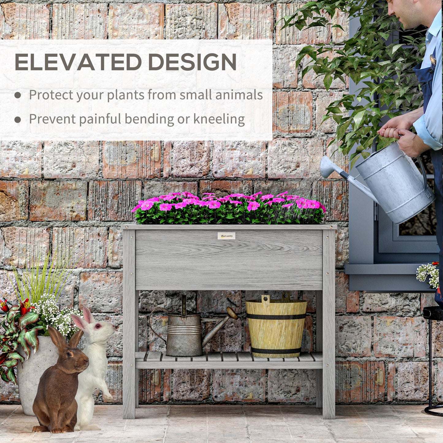 Elevated Planter Box with Storage Shelf for Flowers, Vegetables, and Herbs, 36" x 16" x 32", Grey