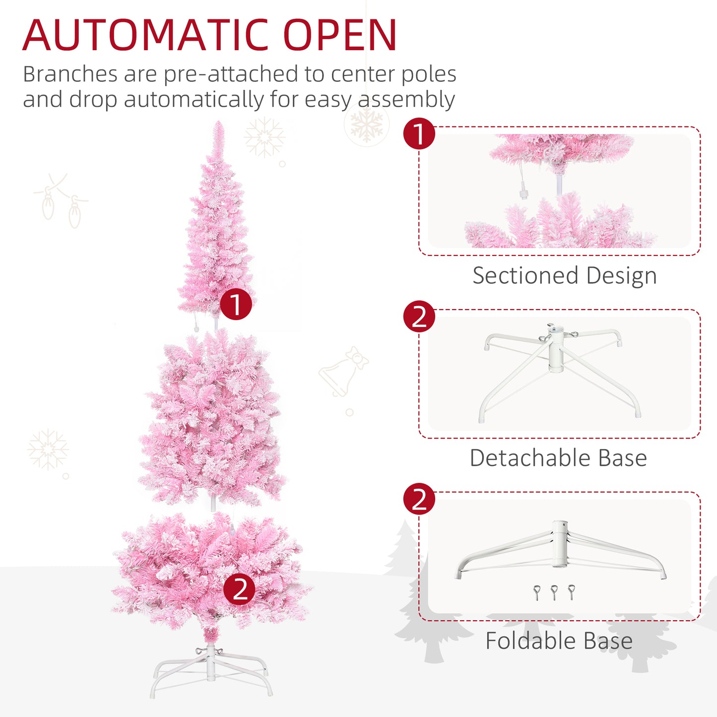 6 Foot Prelit Snow Flocked Artificial Christmas Tree with Pencil Shape, 500 Pine Realistic Branches, Warm White LED ligh