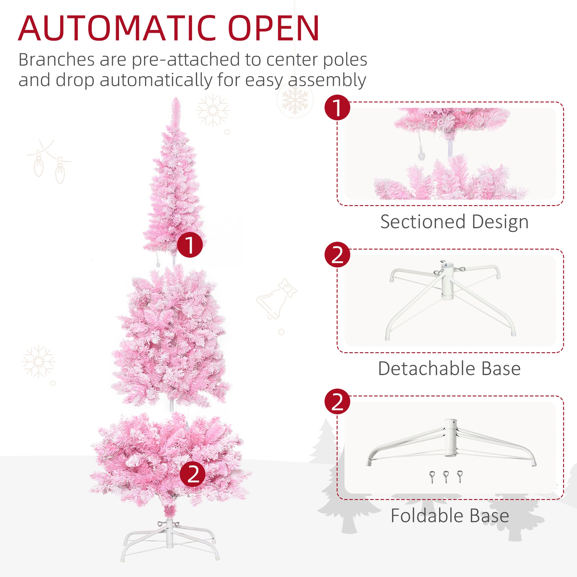 6 Foot Prelit Snow Flocked Artificial Christmas Tree with Pencil Shape, 500 Pine Realistic Branches, Warm White LED ligh