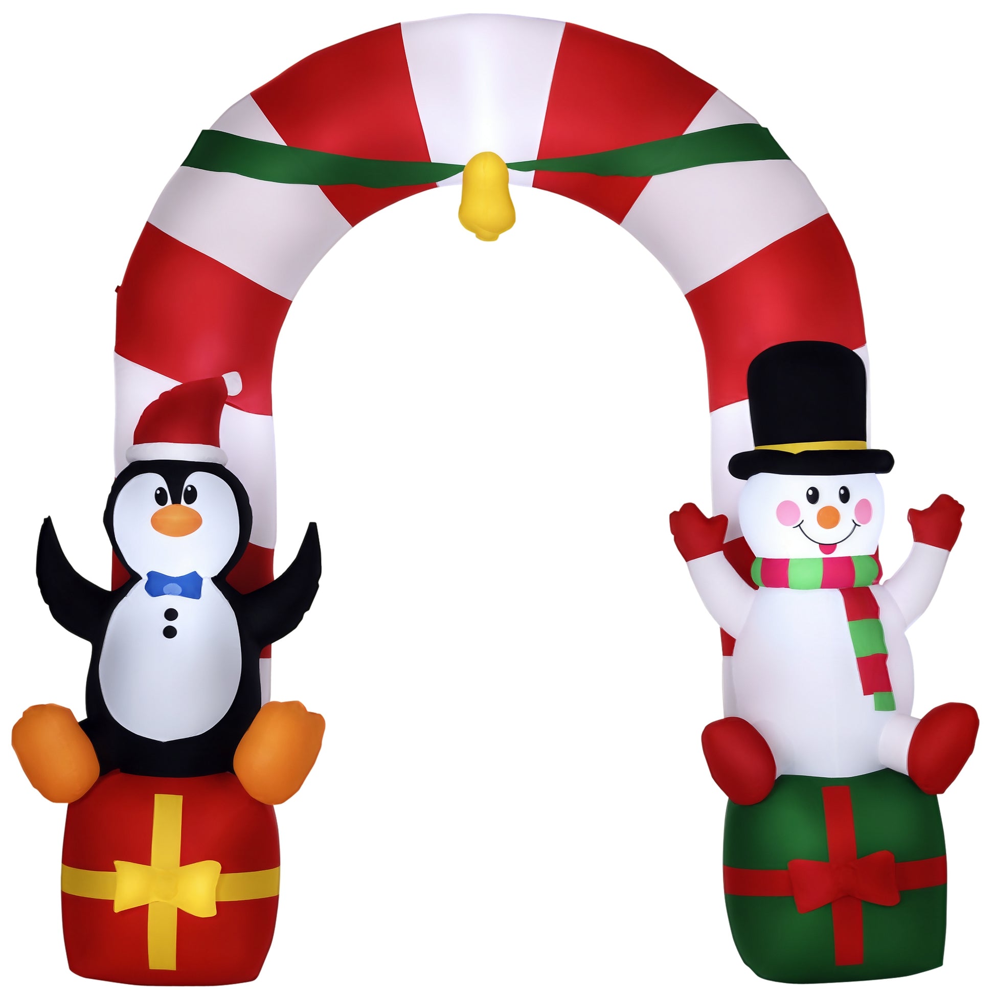 9ft Christmas Inflatable Candy Cane Archway with Penguin Snowman Sit on Gift Box, Blow-Up Outdoor LED Yard Display for L