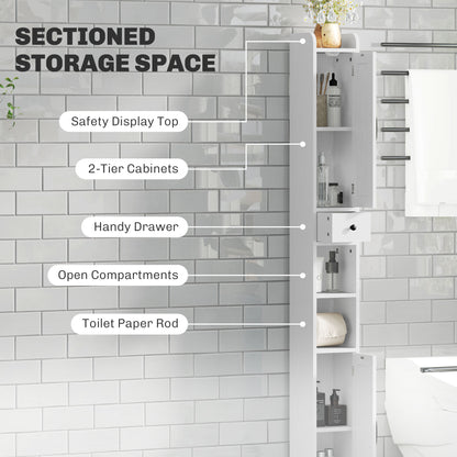 Narrow Bathroom Cabinet, Tall Bathroom Storage Cabinet with Barn Doors, Drawer and Adjustable Shelves, White Wood Grain