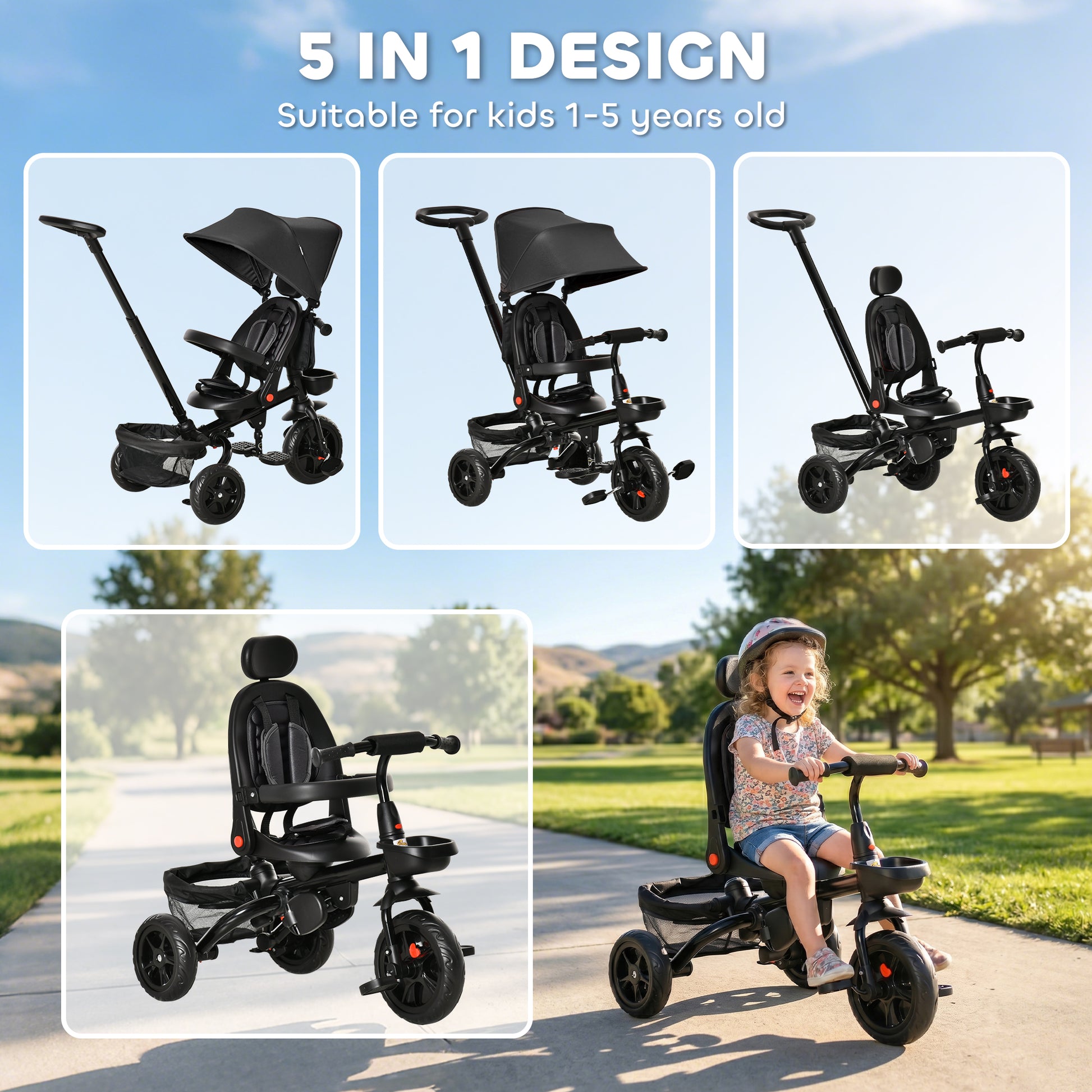 Qaba Tricycle for Toddler 5 in 1 Kids Trike, Foldable Converts Stroller to Toddler Bike, Adjustable Backrest & Curved Ca