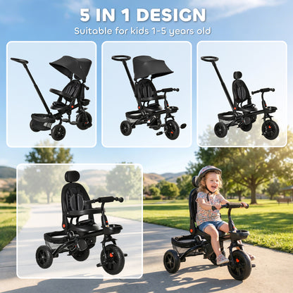 Qaba Tricycle for Toddler 5 in 1 Kids Trike, Foldable Converts Stroller to Toddler Bike, Adjustable Backrest & Curved Ca