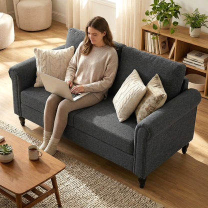 Vintage Loveseat, Upholstered Love Seat Furniture, Chenille-feel Fabric 2 Seater Sofa Couch with Rolled Arms, Gourd-Shap