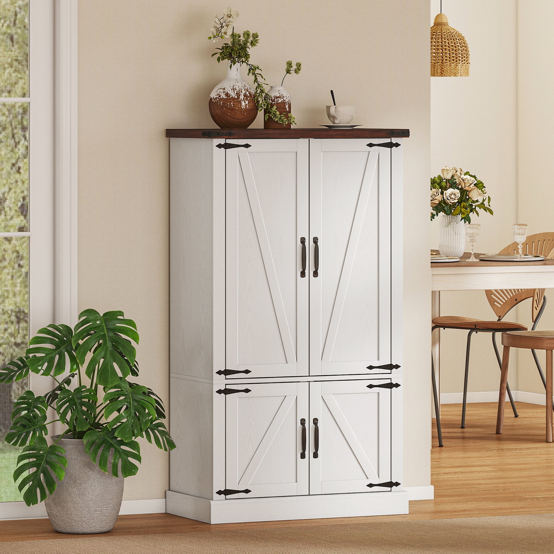 53.5" Pantry Cabinet, Kitchen Storage Cabinet with Adjustable Shelves, 6 Door Spice Racks for Dining Room, White