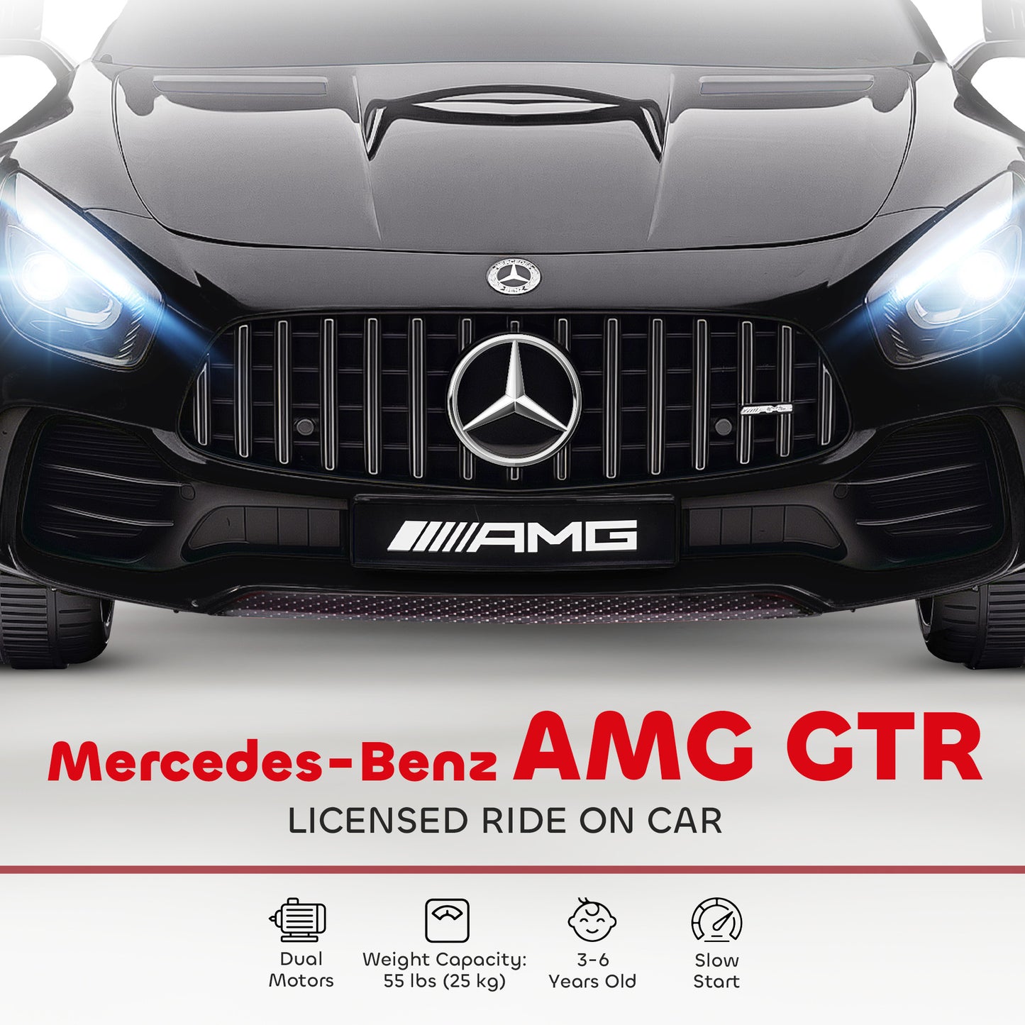 Qaba Mercedes-Benz AMG GTR Licensed 12V Battery Powered Kids Electric Car w/ Remote, Soft Start, Lights, Music Horn, Bla