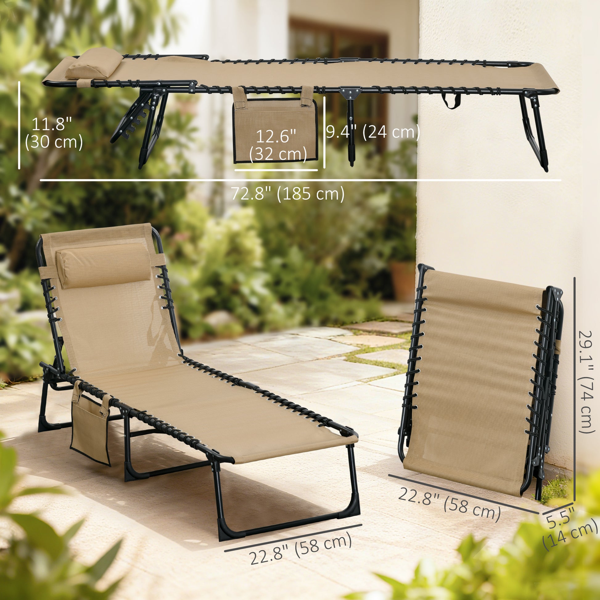 Outdoor Folding Chaise Lounge, Reclining Lounge Chair with Adjustable Backrest and Removable Pillow, Beige