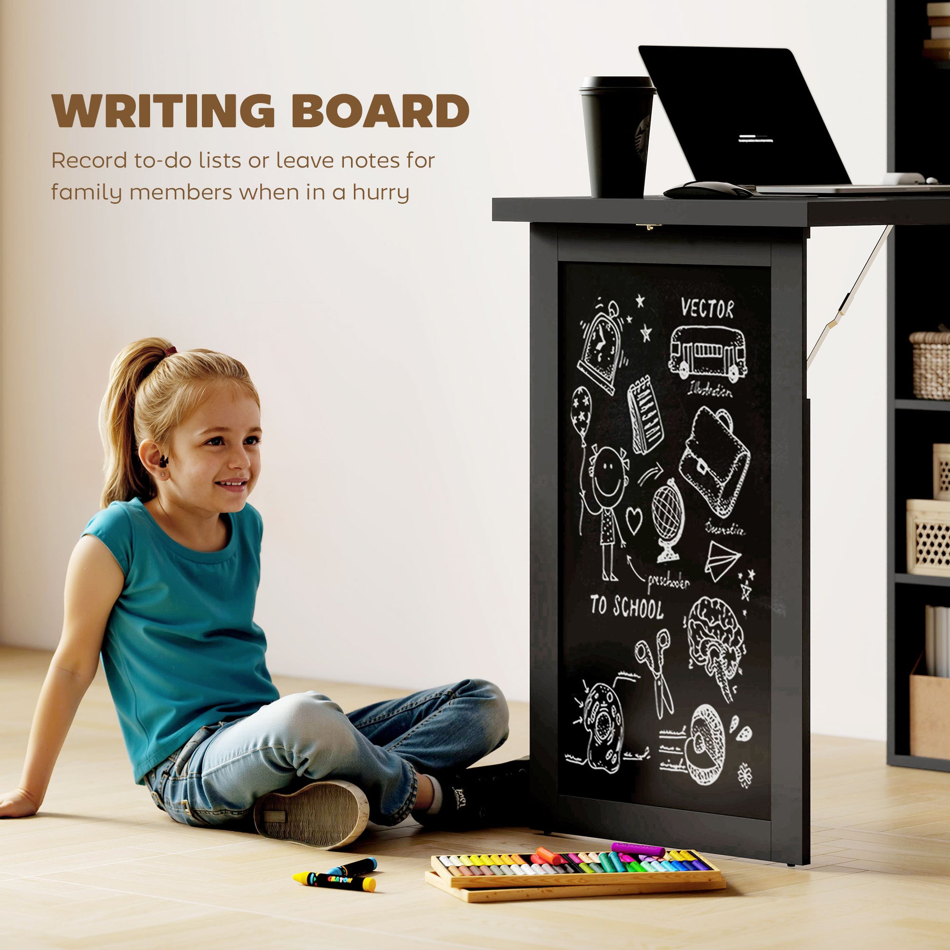 Fold-out Convertible Office Desk, Wall Mount Computer Desk with Blackboard and Side Shelf, Black