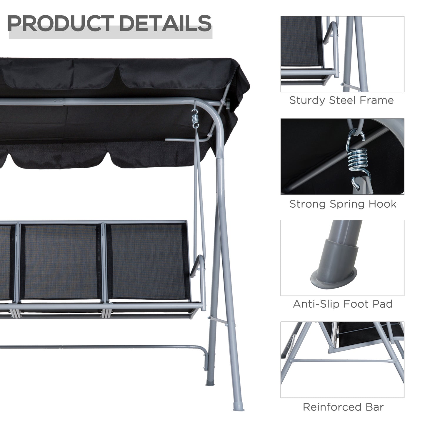 3-Seater Patio Swing, Outdoor Swing Chair, A Frame Porch Swing with Canopy Garden Hammock Glider Bed, Black