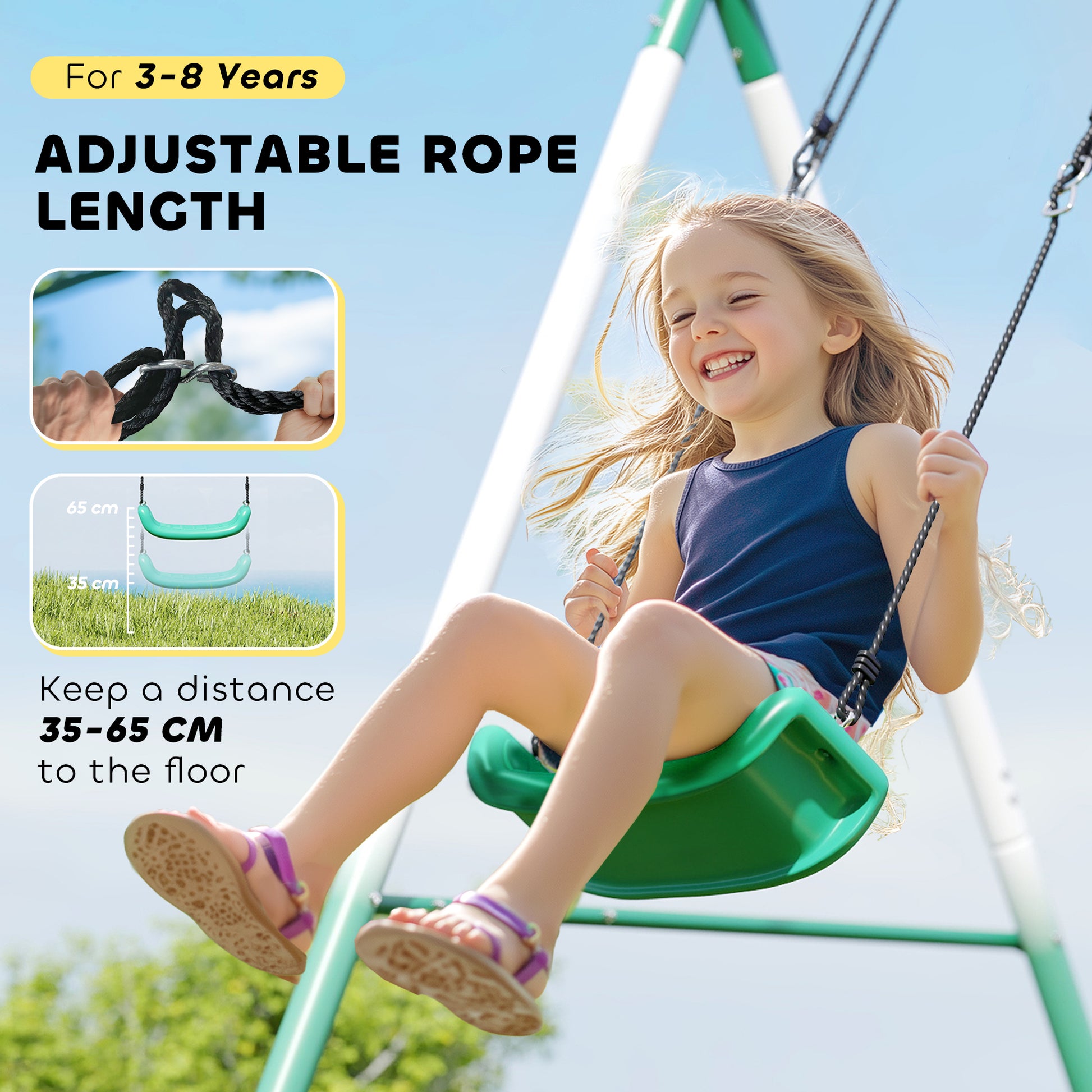 Qaba Metal Swing Set with Slide, Saucer Swing Seat, Heavy Duty A-Frame Stand and Adjustable Rope for Backyard, Dark Gree