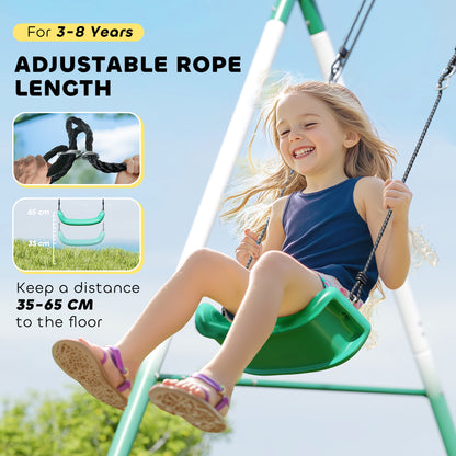 Qaba Metal Swing Set with Slide, Saucer Swing Seat, Heavy Duty A-Frame Stand and Adjustable Rope for Backyard, Dark Gree