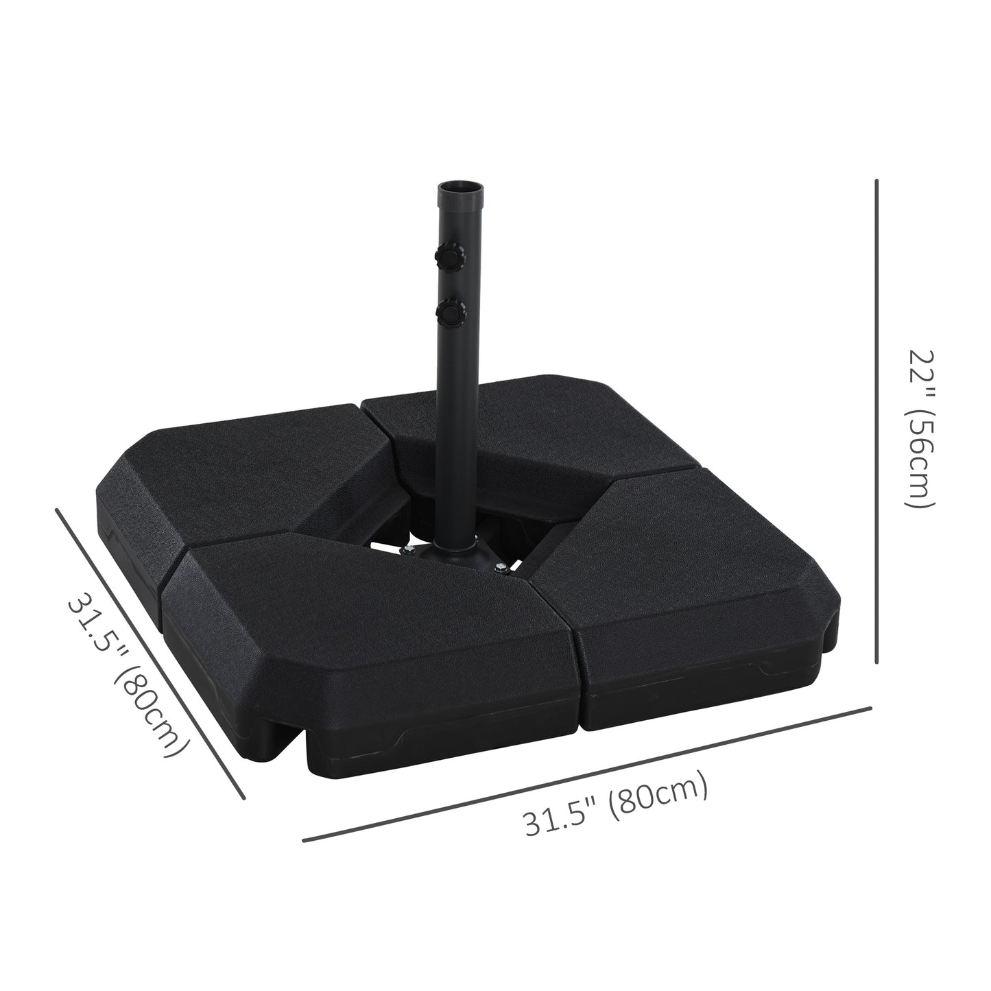 Umbrella Stand Fitting 2" Poles and Steel Base with 4 Fillable Plastic Weights, 158lbs Sand or 132lbs Water Filled, Blac