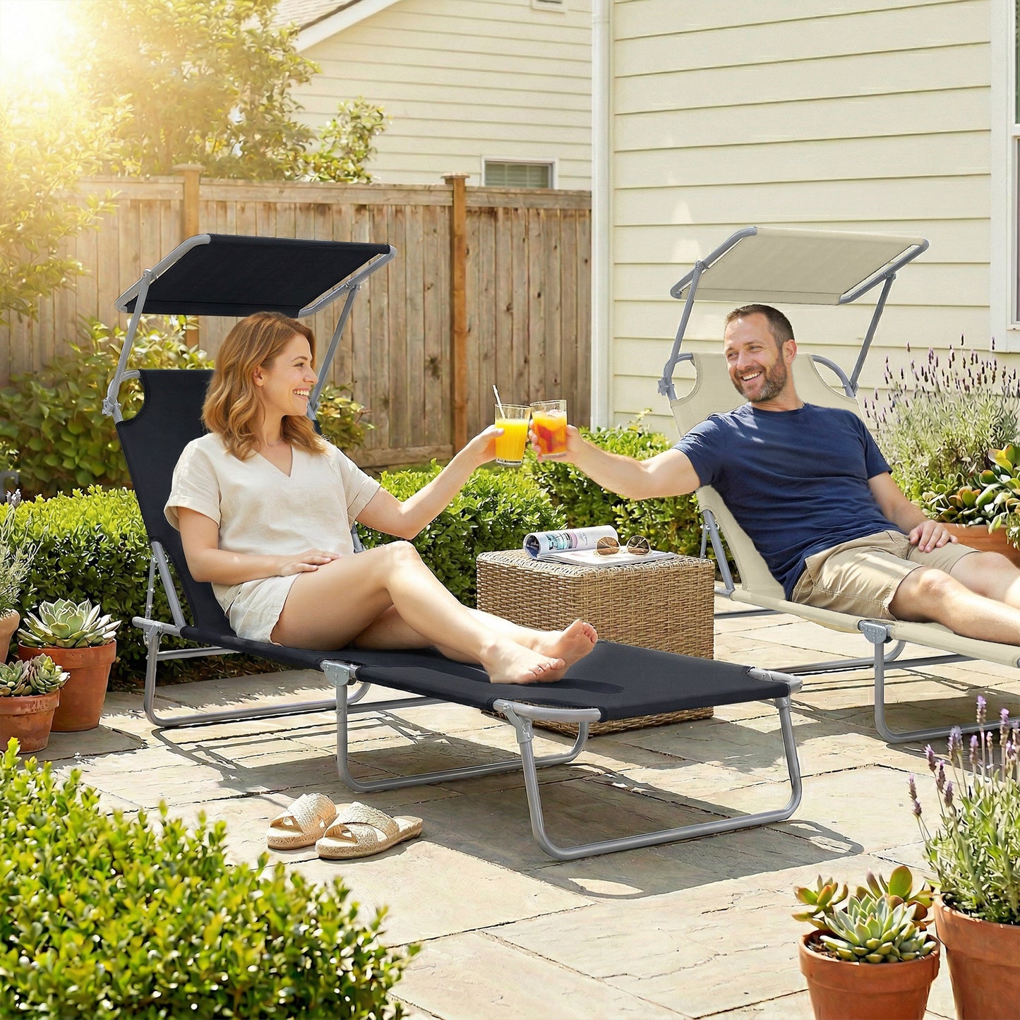 Outdoor Lounge Chair, Adjustable Folding Chaise Lounge, Tanning Chair with Sun Shade for Beach, Camping, Hiking, Backyar