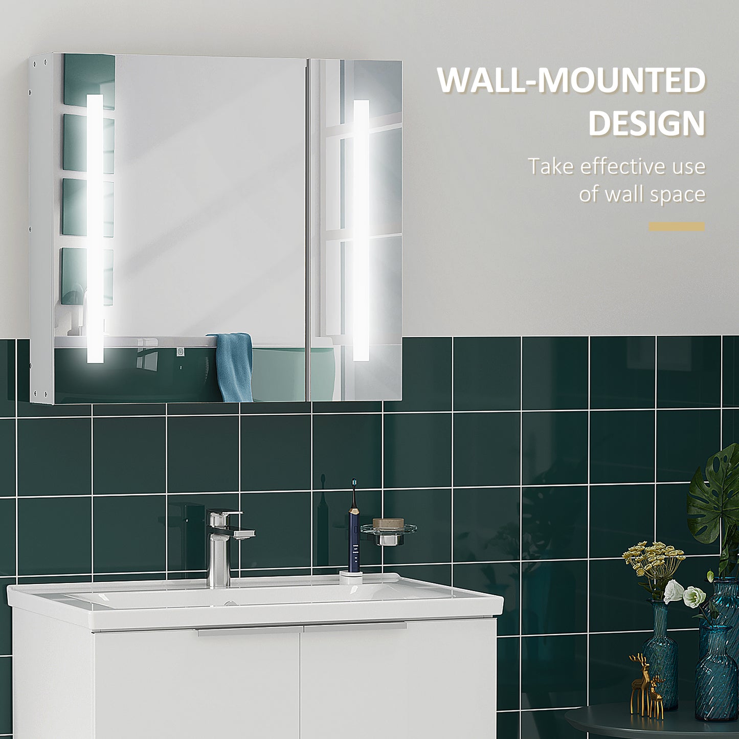 LED Medicine Cabinet with Mirror and Lights, 27.5" x 25.5" Lighted Bathroom Wall Cabinet, Bathroom Mirror Cabinet with A