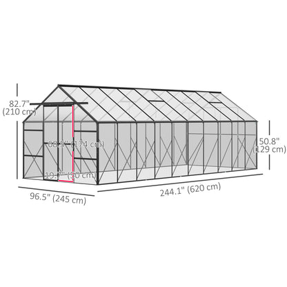 20' x 8' x 6.9' Walk-in Greenhouse with Adjustable Roof Vent, Rain Gutter and Sliding Door for Winter, Large Aluminum Gr