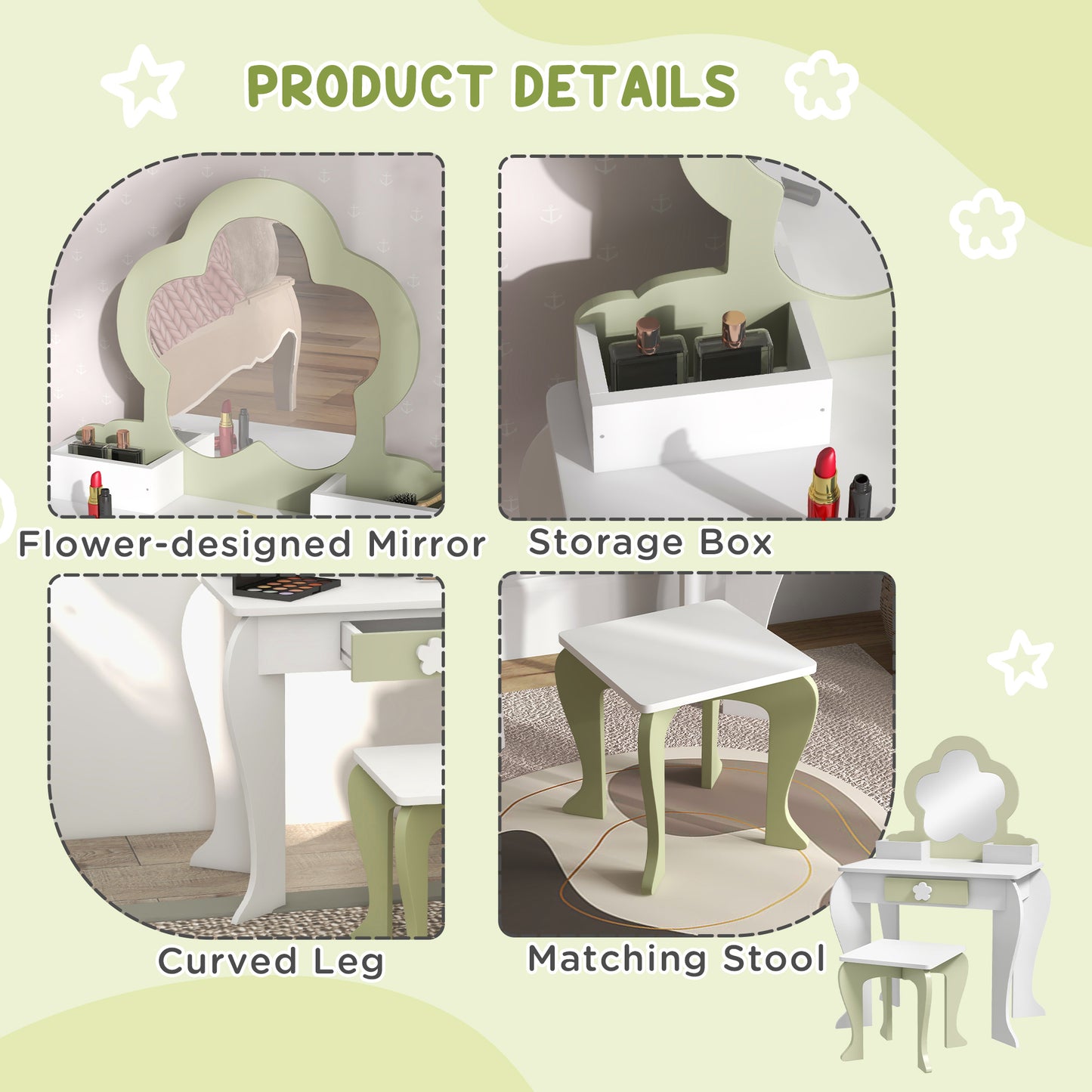 Qaba Kids Makeup Vanity Set with Stool, Mirror, Drawer, Storage Boxes, White
