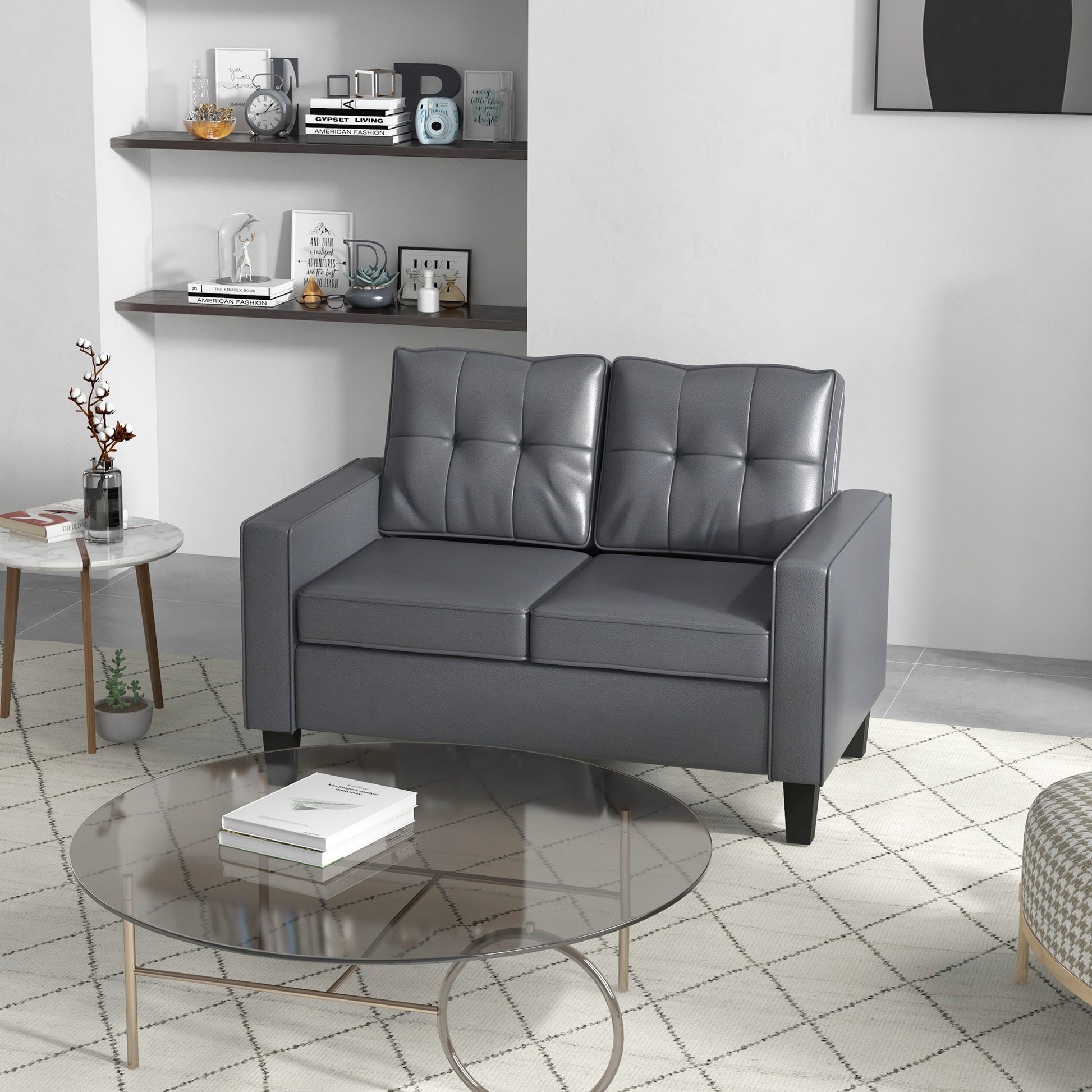 51" PU Leather Loveseat, Upholstered Double Sofa Couch with Armrests, Tufted Backrest, Pocket Spring and Sponge Padded C