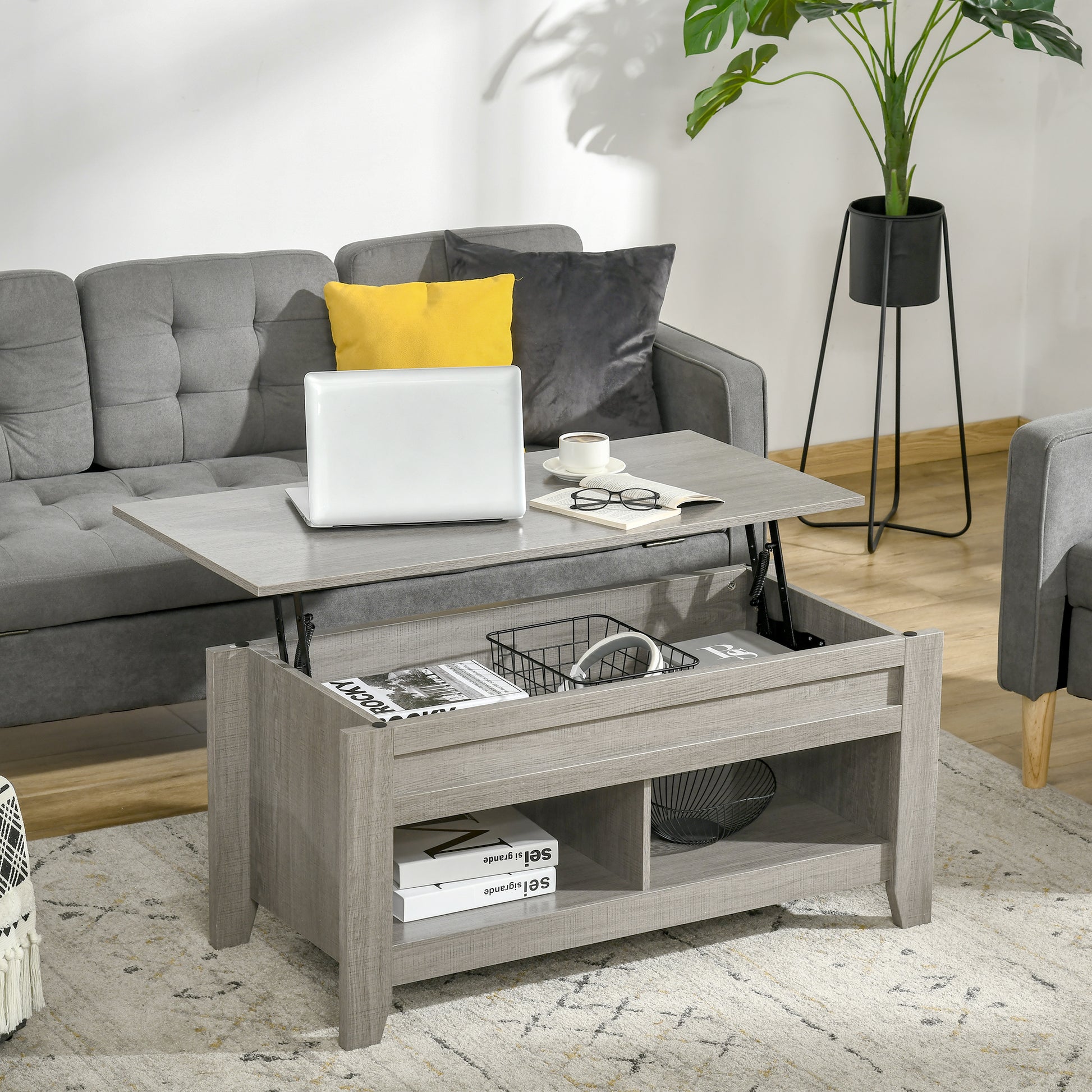 Lift Top Coffee Table with Hidden Storage Compartment and Open Shelves, Lift Tabletop Pop-Up Center Table for Living Roo