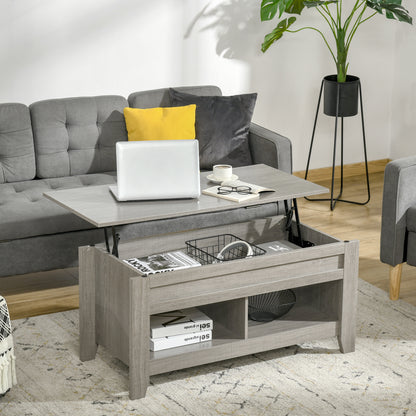 Lift Top Coffee Table with Hidden Storage Compartment and Open Shelves, Lift Tabletop Pop-Up Center Table for Living Roo