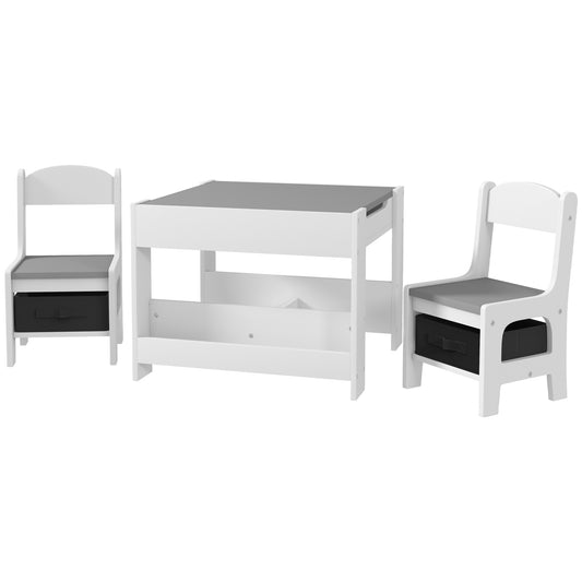 Qaba 3 Piece Kids Table and Chair Set with Reversible Tabletop, Blackboard, Storage, Bookshelf, for Playroom, Nursery, G