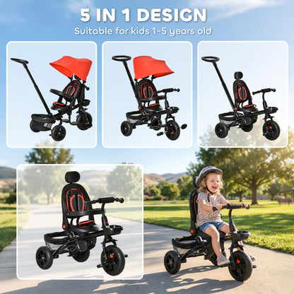 Qaba Tricycle for Toddler 5 in 1 Kids Trike, Foldable Converts Stroller to Toddler Bike, Adjustable Backrest & Curved Ca