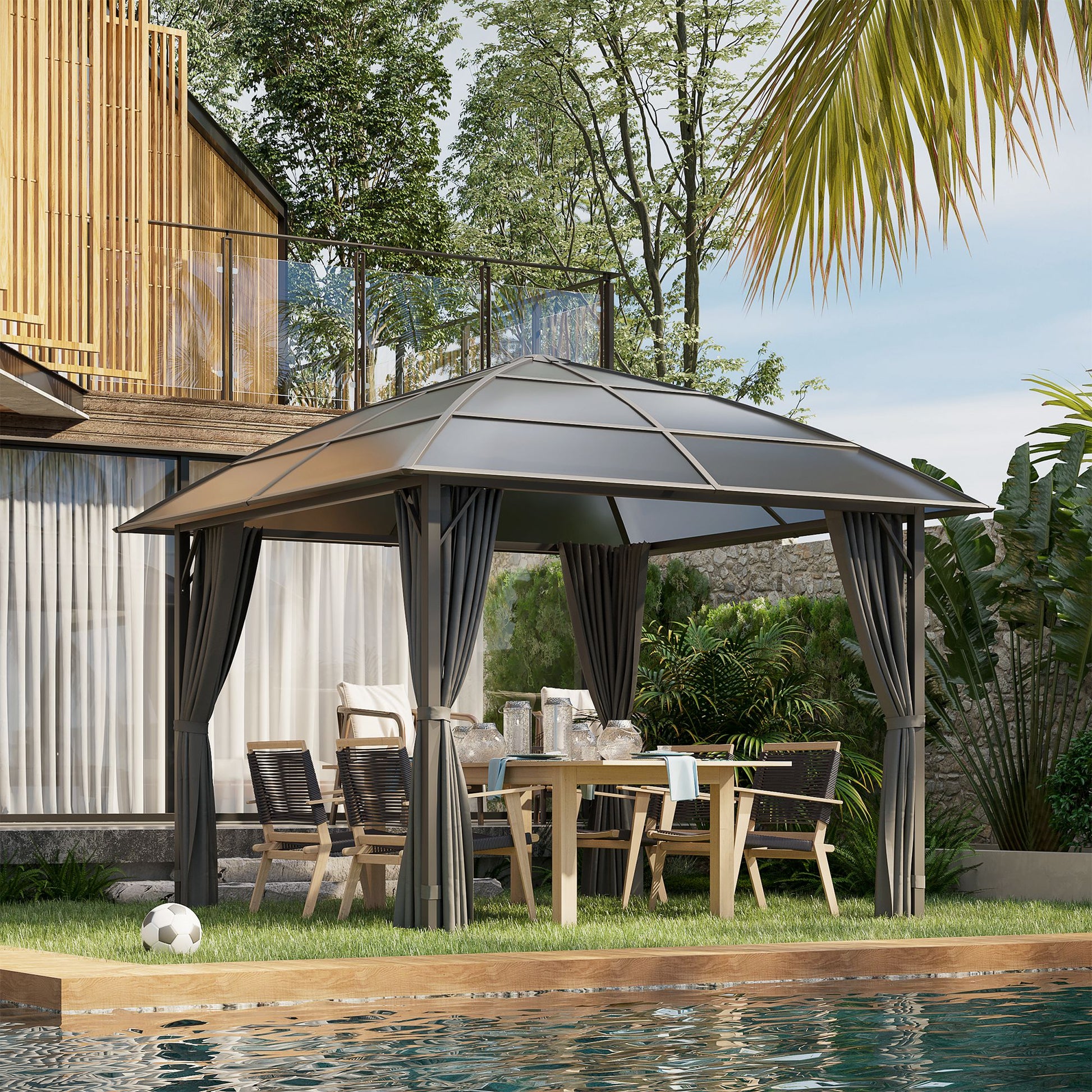 10' x 10' Hardtop Gazebo, Outdoor Gazebo Canopy with UV60+ Polycarbonate Roof, Curtains, Central Hook and Steel Frame fo