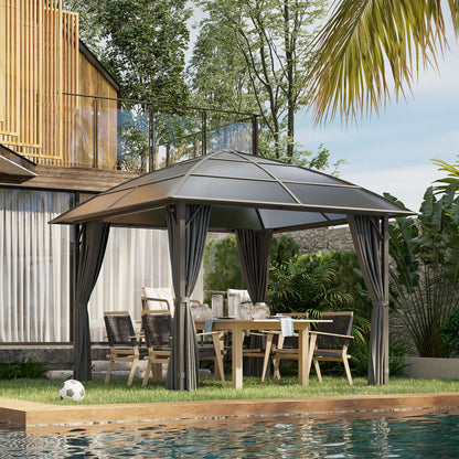 10' x 10' Hardtop Gazebo, Outdoor Gazebo Canopy with UV60+ Polycarbonate Roof, Curtains, Central Hook and Steel Frame fo
