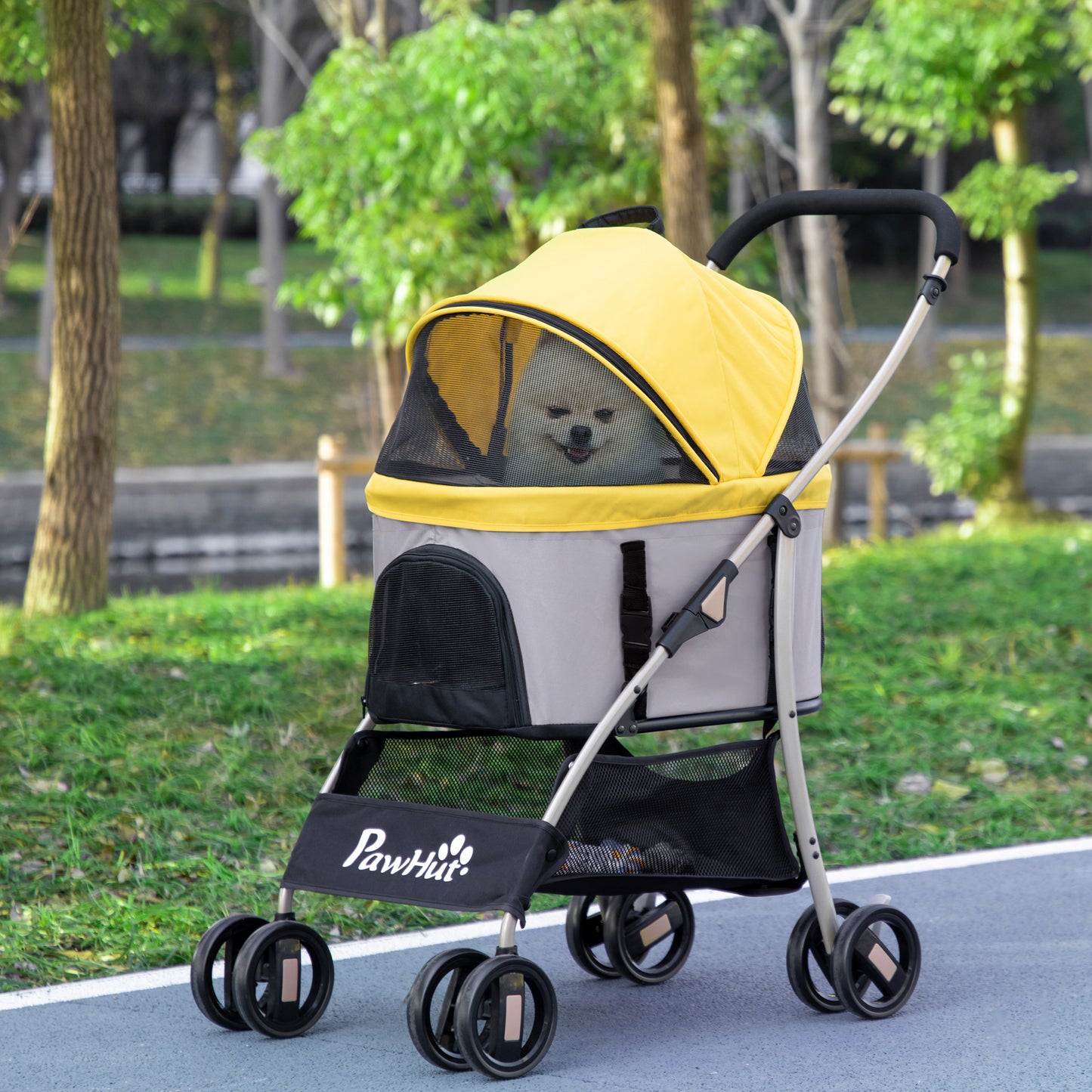 4 Wheels Pet Stroller, 3 in 1 Dog Cat Travel Folding Carrier, for Small Dogs, Detachable, w/ Brake, Canopy, Basket, Stor