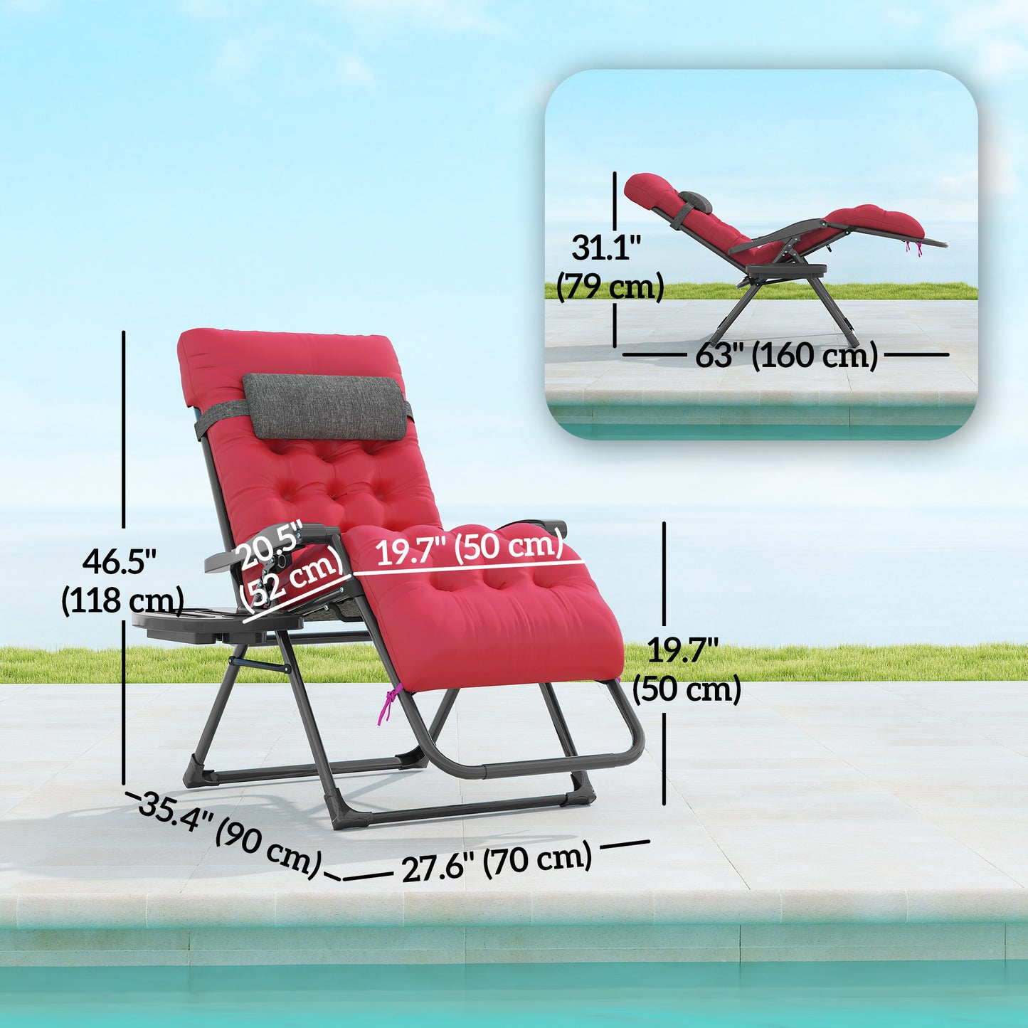 Padded Zero Gravity Chair, 28" Folding Recliner Chair, Patio Lounger with Cup Holder, Adjustable Backrest, Removable Cus
