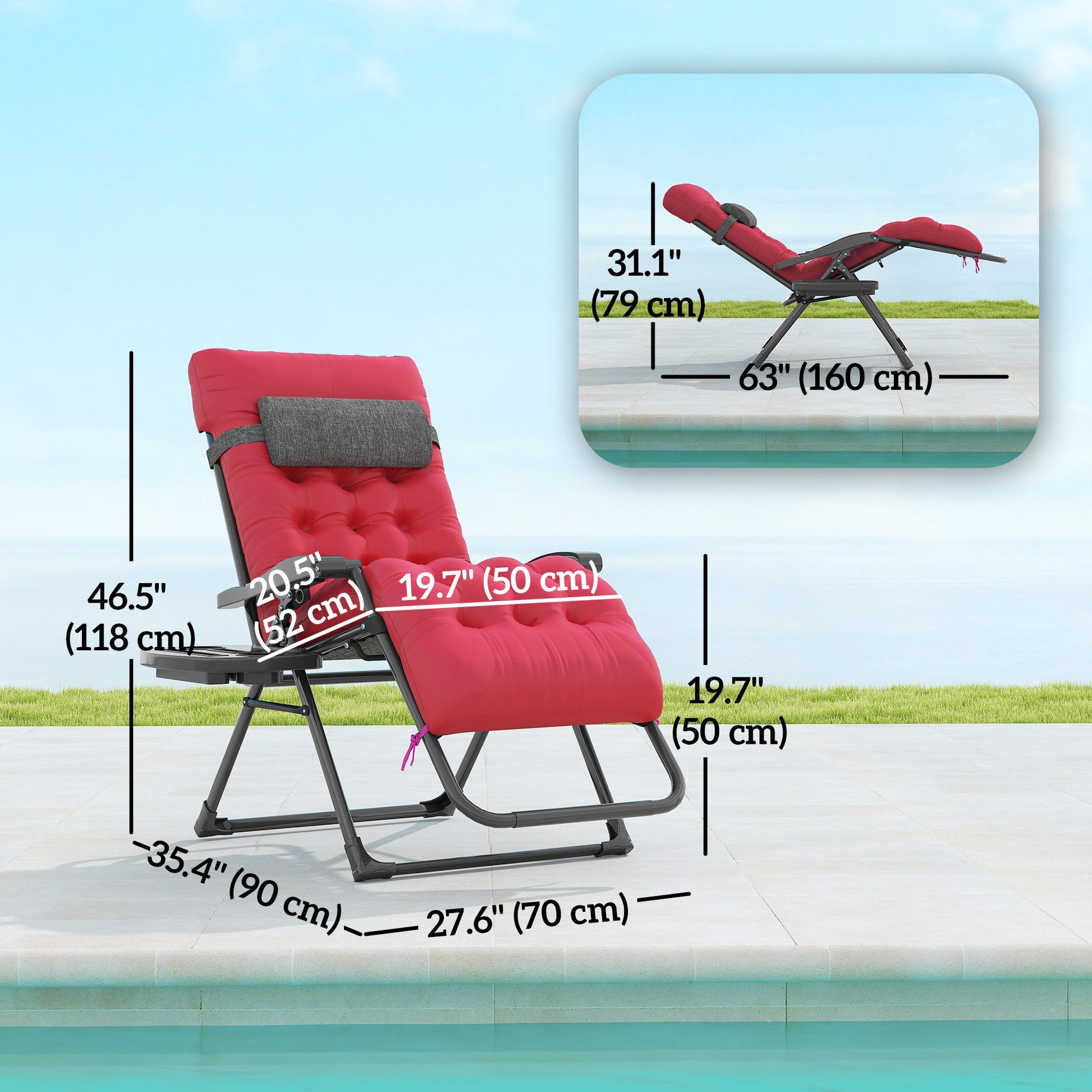 Padded Zero Gravity Chair, 28" Folding Recliner Chair, Patio Lounger with Cup Holder, Adjustable Backrest, Removable Cus