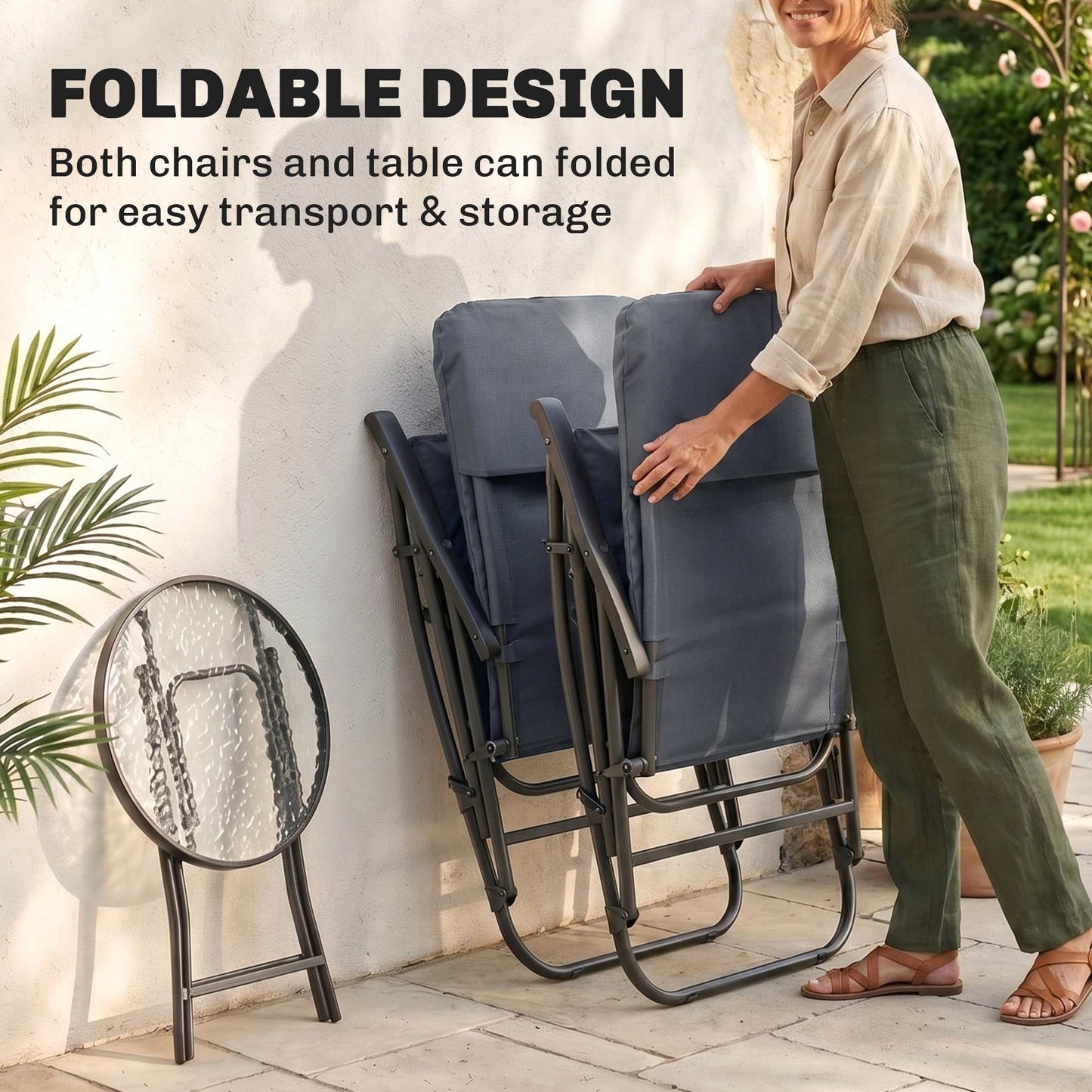 3pc Patio Foldable Rocking Chair Set, Outdoor Rocking Chairs and Table Bistro Set w/ Padded Seat, Headrest, Backrest for